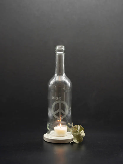 Windlicht "FOR PEACE" Gravur, Bordeaux Flasche, transparent