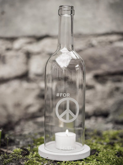 Windlicht "FOR PEACE" Gravur, Bordeaux Flasche, transparent 1 Lifestyle Dekoration, Geschenkideen, Lifestyle bei Zeit für mich...