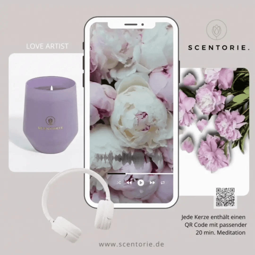 Scentorie Duftkerze LOVE ARTIST + Meditation "Selbstliebe & Achtsamkeit" 3 Vitalität Geschenkideen, Raumduft, Scentorie bei Zeit für mich...